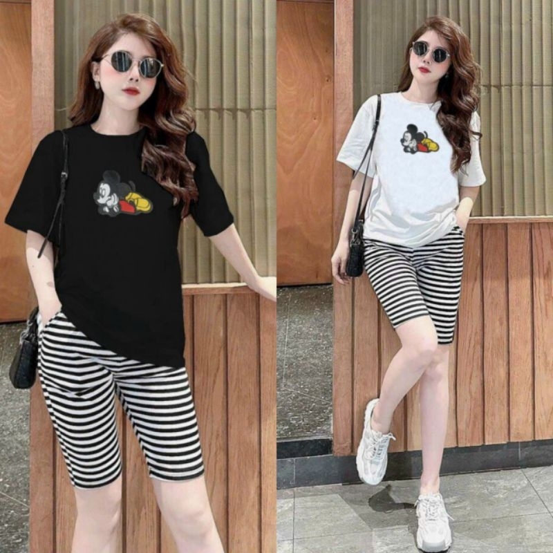 Bộ đồ ngố sọc áo form rộng thêu hình mickey thun cotton cao cấp, đồ bộ lửng thể thao, bộ lửng mặc nhà mẫu mới xinh đẹp