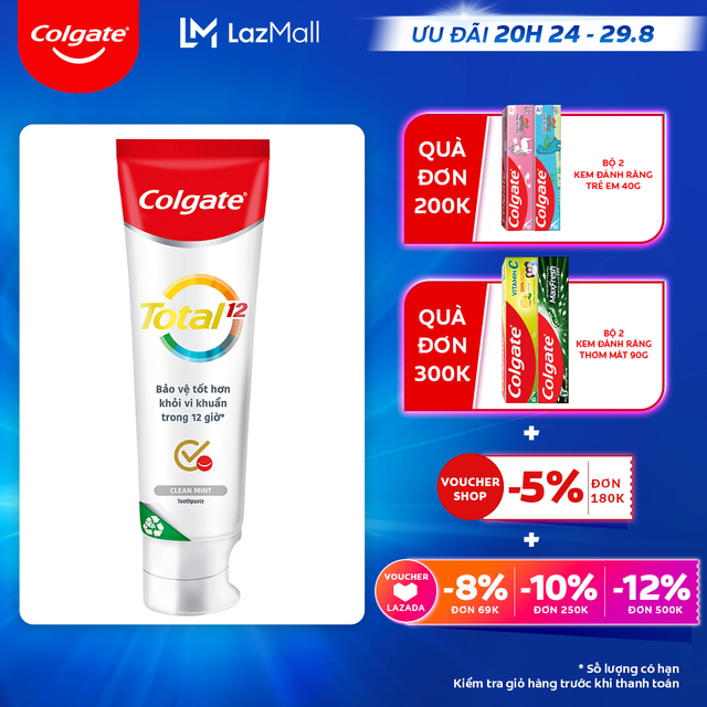 [Ưu đãi 20H 24.8 - 29.8_Áp voucher Colgate 5% + voucher LZD 8%]Kem đánh răng Colgate Total 170g/tuýp