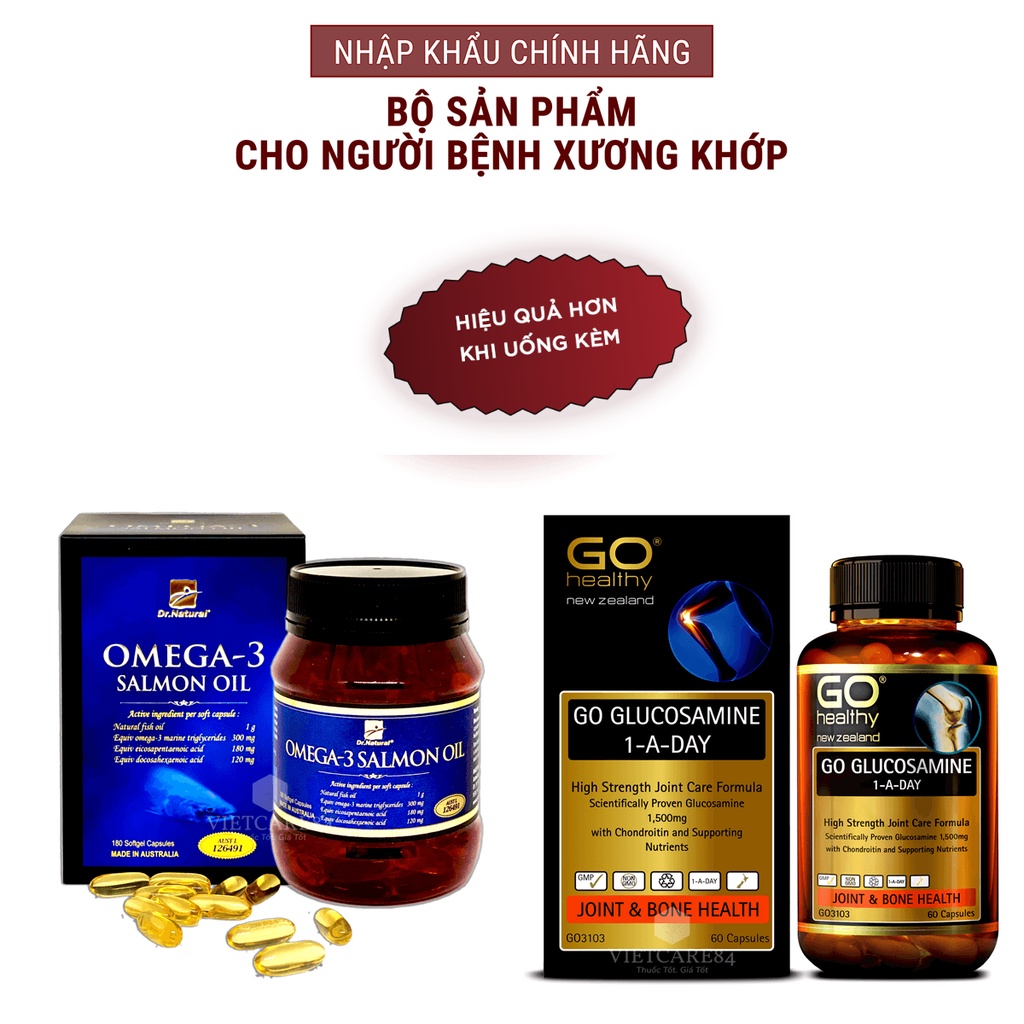 Bộ sản phẩm cho bệnh xương khớp gồm: Viên xương khớp GO GLUCOSAMINE 1-A-DAY và viên Omega 3 dầu cá hồi OMEGA3 SALMON OIL