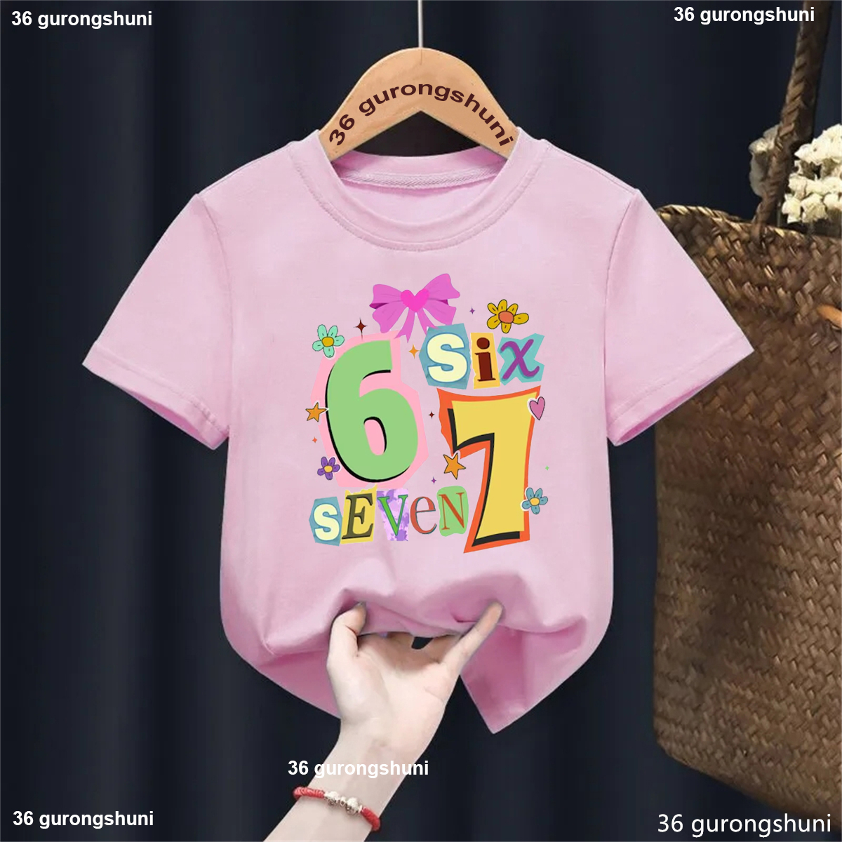 Love Six Seven 67 Flowers Bow Star Printed T Shirt Girls Kawaii Kids Clothes Summer Short Sleeve T-Shirt Solid Tshirt Tops - 3