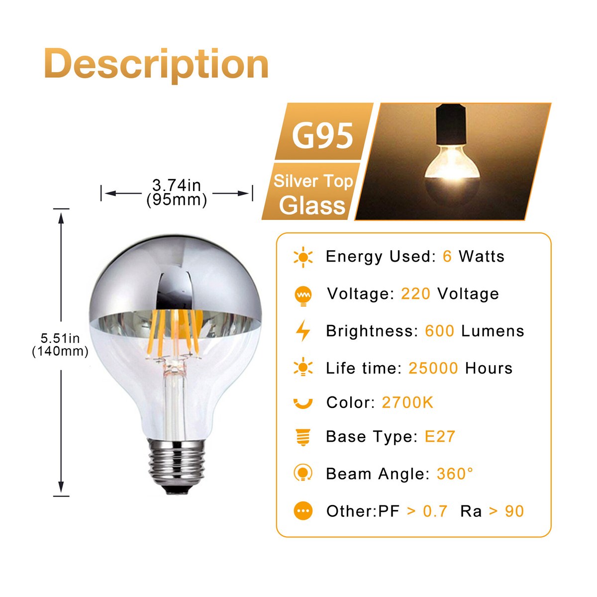 【Nori Wisp123】 Creative E14 E27 Silver Chrome LED Edison Bulb G45 G95 4W 6W Dimmable Filament Bulb Vintage 2700K Warm White Decorative Lighting for home