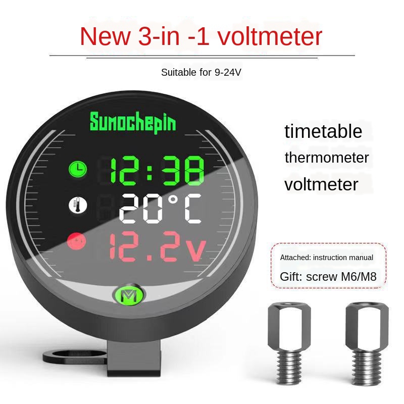 Motorcycle Waterproof 9-24v 3-in-1 Night Vision Voltmeter Gauge Display Table Led Volt Meter Time Temperature Clock