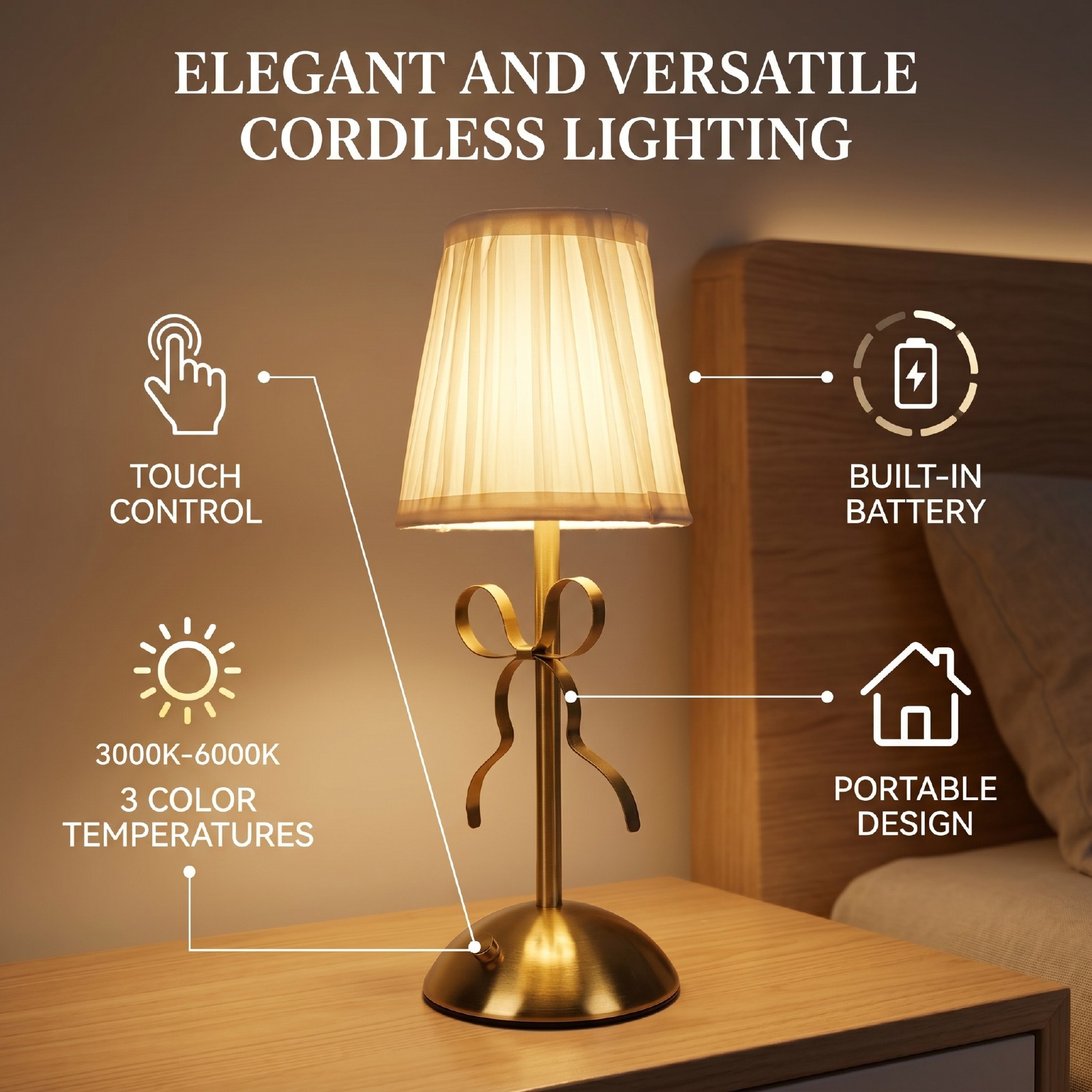 Smart Sensor Table Lamp Bow Shape Touch Control 3 Color Temperatures Fabric Lampshade USB Rechargeable Cordless LED Night Light for Bedroom Office Desk