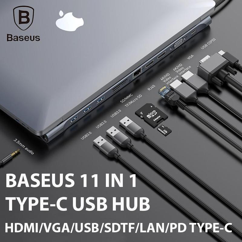 Baseus for Notebook Adapter 11 in 1 Multi-Function Type-C HD Smart HUB Docking Station (PD/HD4K*2/VGA/RJ45/SD/TF/USB*3/Audio/Bracket)