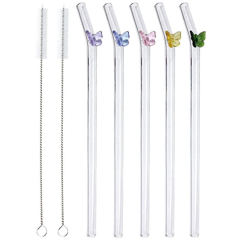 (NITO) 5 Pcs Reusable Glass Straws,Colorful Butterfly on Clear Straws with Design Shatter Resistant Bent Drinking Straws