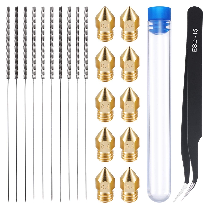 21 Pieces 3D Printer Nozzle and Cleaning Kit 0.4 Mm Mk8 Nozzles 0.4 Mm Needles and 1 Pack Tweezers T
