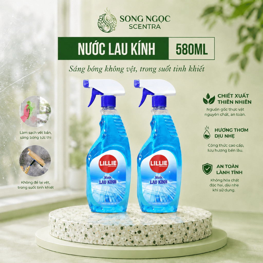Nước Lau Kính LILLIE by Caroline Hương Hoa, Nước Lau Kính Cửa, Xe Ôtô Sạch Bóng Không Vệt Sọc, Chống Bám Bụi 580ml