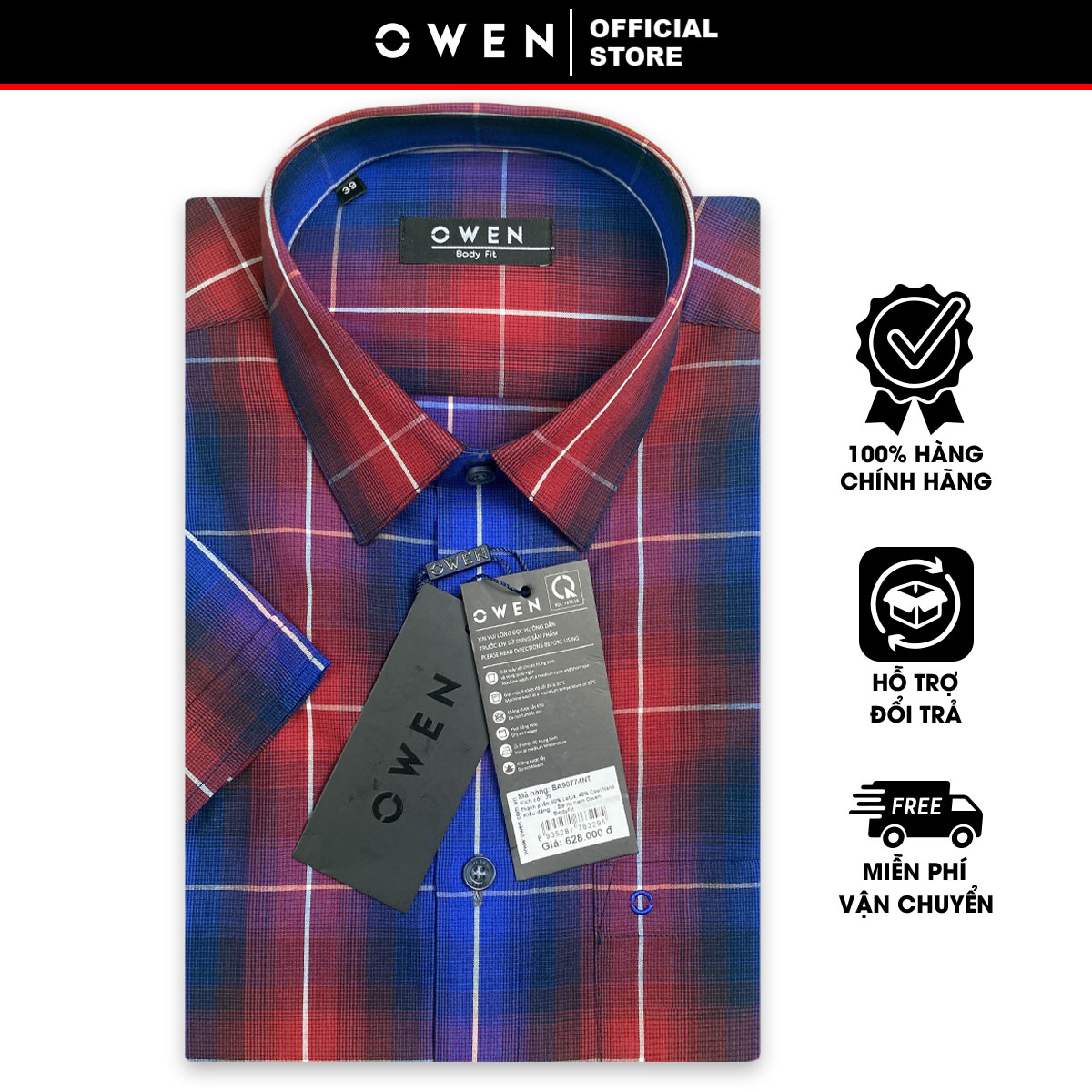 OWEN SALE - Áo Sơ Mi Owen Tay Ngắn Màu Xanh Navy - Đỏ  Họa Tiết Caro Form Body Fit Lai Ngang Chính H