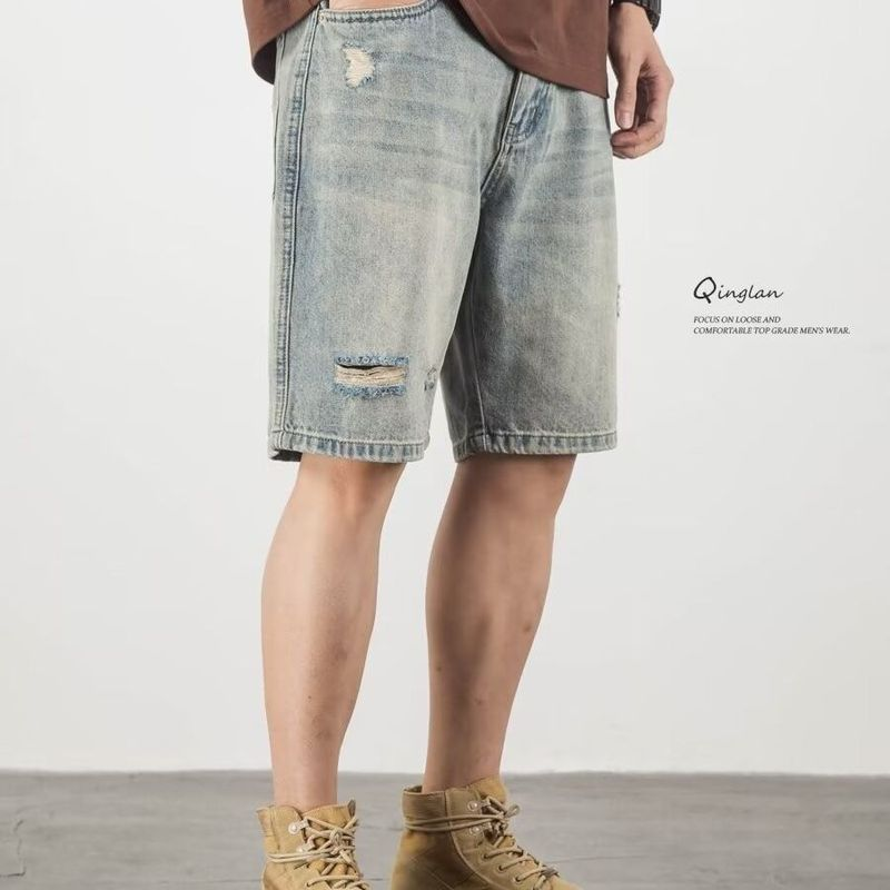 Men's denim shorts casual loose straight shorts fashionable retro light-colored jeans