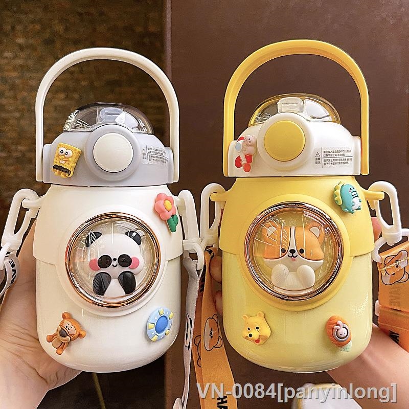 ﹊✖ panyinlong Garrafa térmica Kawaii com palha para crianças copo de água chaleira estudantil fofo inoxidável grande capacidade desenhos animados menina 700ml