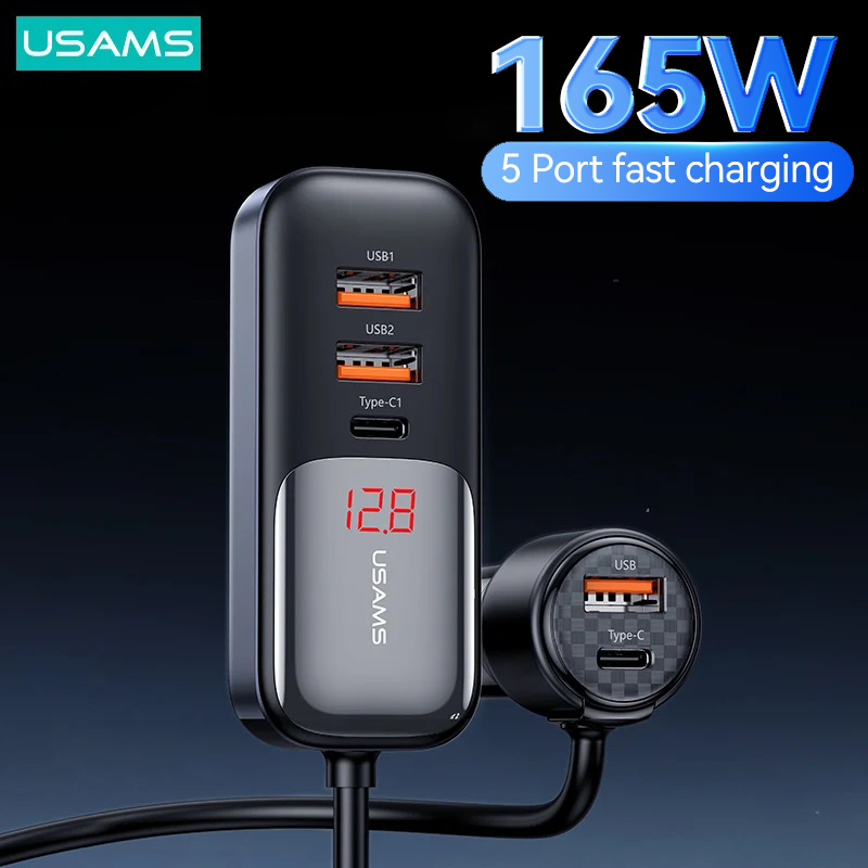 Usams 165W 5 cổng USB tuýp C Nhanh Màn hình hiển thị kỹ thuật số 1.5m cáp PD QC 3.0 sạc điện thoại cho Iphone 15 xiaommi Samsung thiết bị sạc xe hơi sạc gắn tường