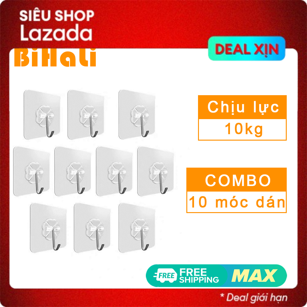 Bộ 10 Móc dán tường siêu dính BiHaLi trong suốt chịu lực 10kg kích thước 6 x 6 cm - móc dán tường trong suốt chịu lực siêu chắc đa năng