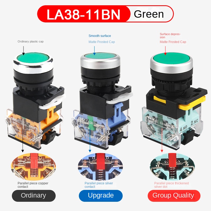 Nút Nhấn LA38-11BN , 22mm, Tự Phục Hồi/Tự Khóa, Đỏ/Xanh/Vàng, 1NO+1NC/2NO/2NC, Công Nghiệp, IP65 Chống Nước - nhấn nhả - xanh lá