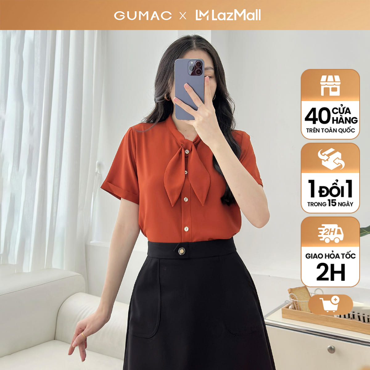 Áo sơ mi nữ tay ngắn lai lật kiểu cổ nơ lụa mềm mát màu cam xanh thời trang GUMAC LAF0536