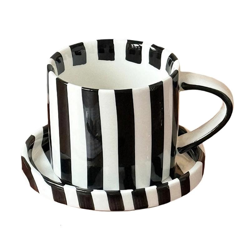 5Inch Striped Ceramic Coffee Mugs and Saucer Set Elegant Designs for Home Office Use - 3