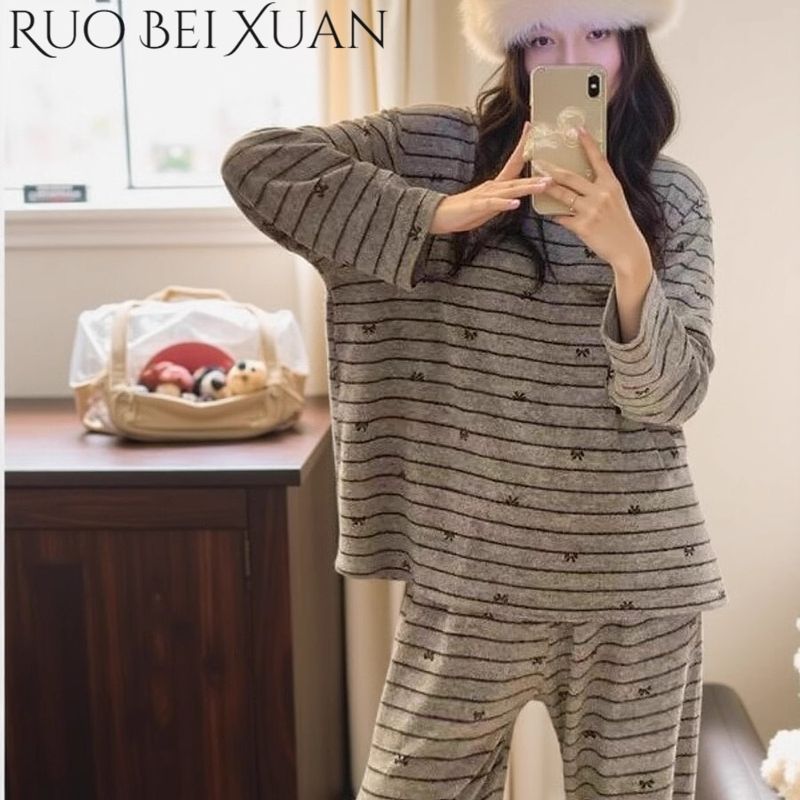 Ruo Bei Xuan Women's Pajamas Striped Bow Long-Sleeved T-shirt and Trousers Two-Piece Set ราคา 249 บาท*ส่งฟรี