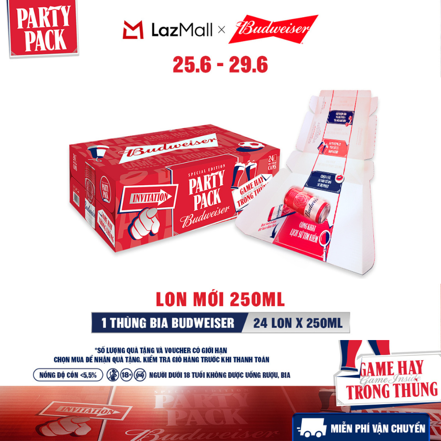 Thùng 24 Lon Bia Budweiser PartyPack Chính Hãng (250ml/lon)