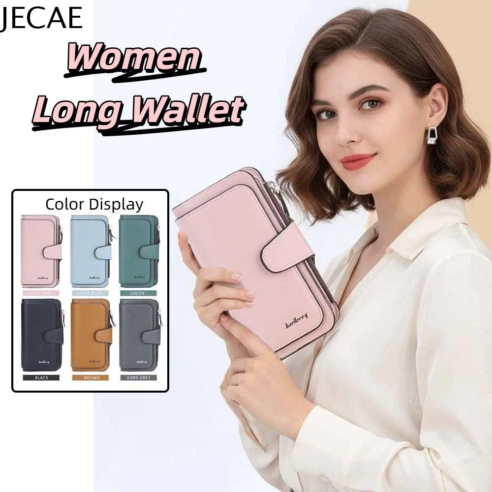 JECAE Di động Ví dài nữ PVC Túi đựng thẻ Túi cầm tay PU Chống nước bắn tung tóe Nút bấm Ví gấp ba Hàng ngày