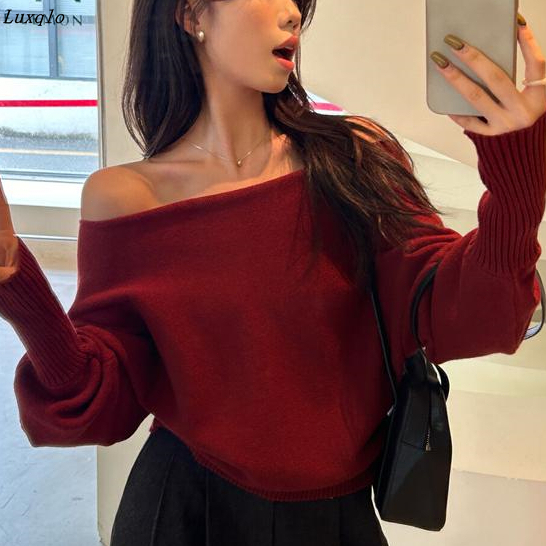 Luxqlo phong cách Hàn Quốc meroon off-vai Áo Đan cho cô gái ngọt ngào k-phong cách trưởng thành hàng đầu áo len & cardigans