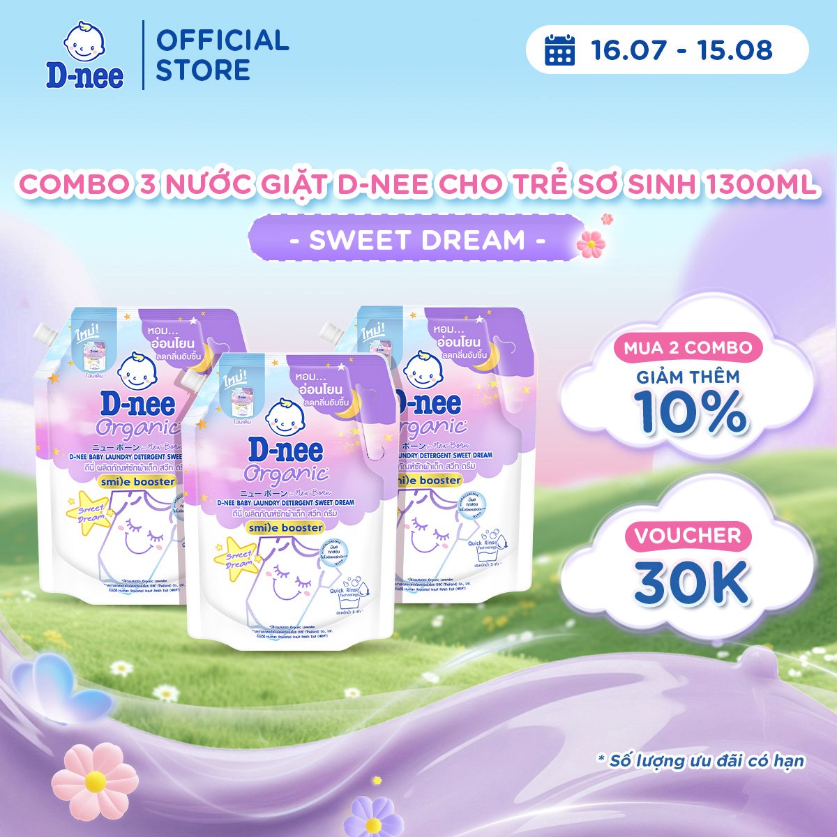 Combo 3 Nước giặt quần áo em bé D-nee 1300 ML - Dnee Sweet Dream (Smile Booster Series) hương thơm dịu nhẹ an toàn cho trẻ em