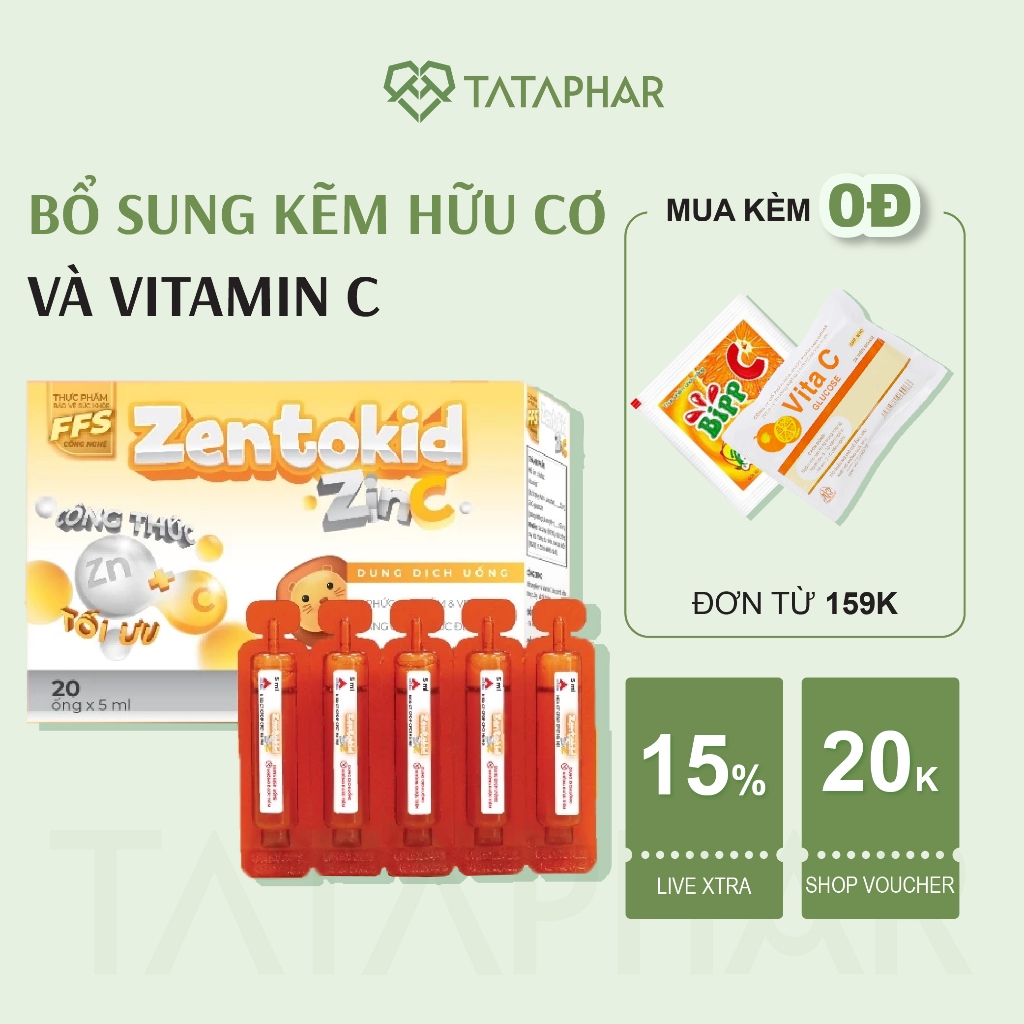 ZENTOKID ZINC Siro Bổ sung kẽm và vitamin C - Tăng đề kháng và miễn dịch Cho bé, Hộp 20 ống