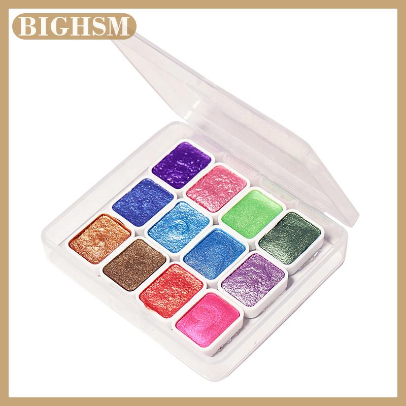 BIGHSM 12 màu sắc Pearlescent màu nước bột màu vàng sắc tố bột màu với đèn flash rắn màu nước xách tay đóng hộp nghệ thuật cung cấp