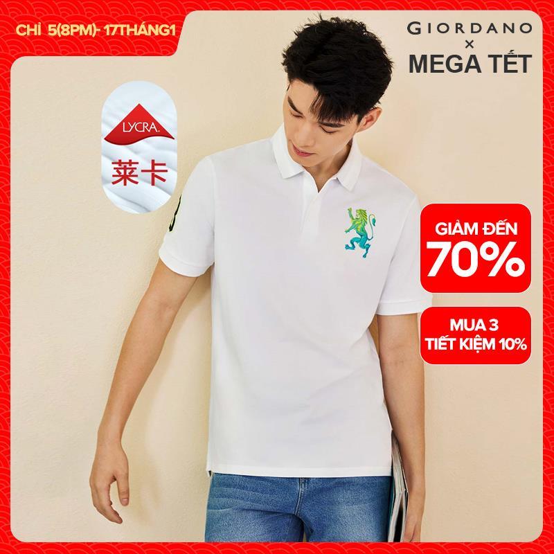 GIORDANO Áo polo nam vải pique cotton co giãn tốt tay ngắn thêu hình sư tử 3D thời trang 01011422