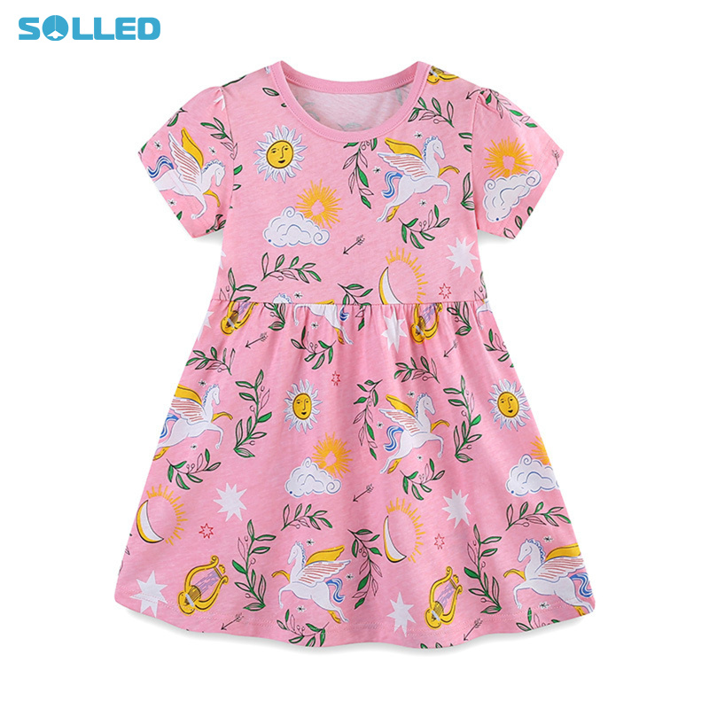 Girl Summer Casual Dress Short Sleeve Party Princess Cartoon Printed Round Neck Knitted Cotton Skirt ราคา 204 บาท*ส่งฟรี