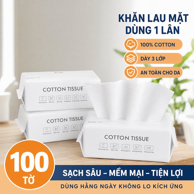 Vinnatsu khăn lau mặt khô dùng một lần bông hữu cơ mềm mại 100 tờ tẩy trang chăm sóc da du lịch
