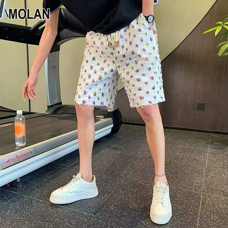 MOLAN Men's new shorts Summer fashion ripped plaid design casual pants trend summer straight beach five cent shorts