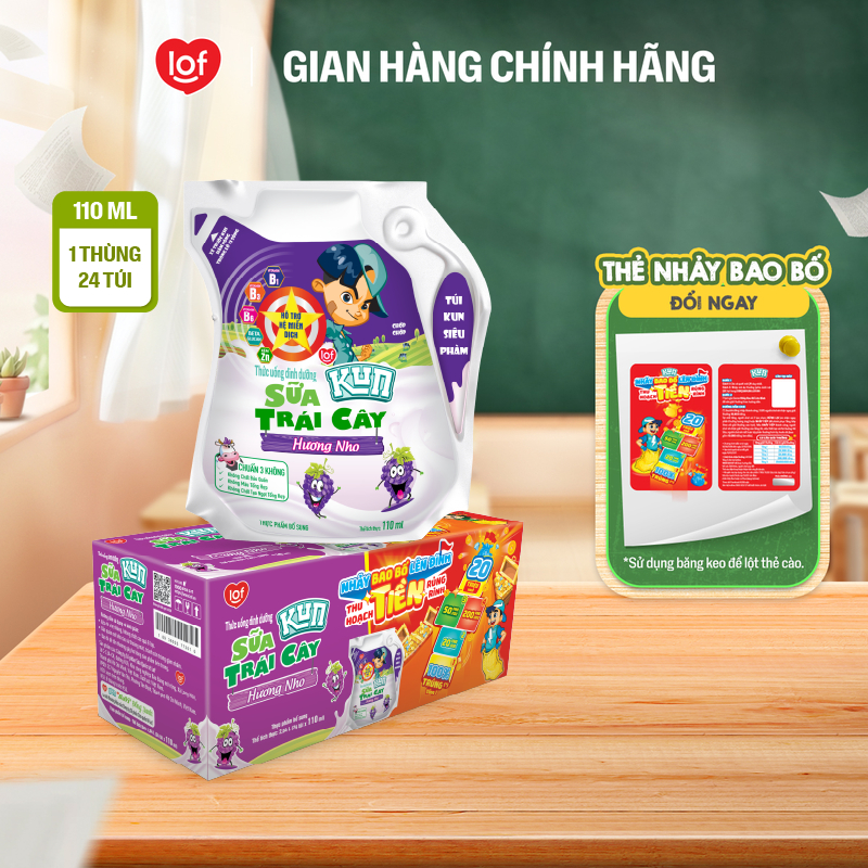 Sữa trái cây KUN vị nho thùng 24 túi x 110ml