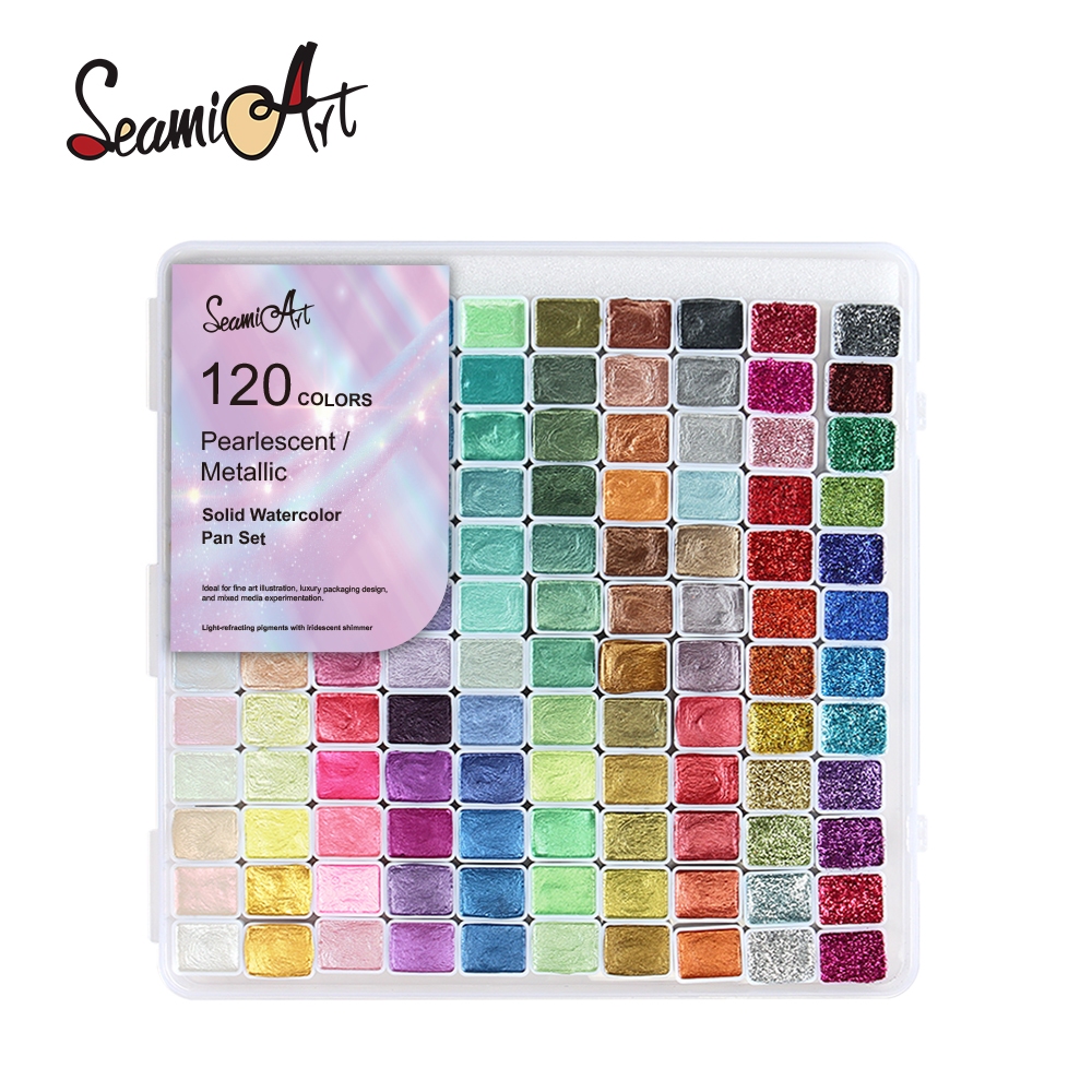 SeamiArt 20/24/36/48/60/120 Colors Pearlescent Metallic Shimmer Solid Watercolor Set For Drawing Painting Nail Art