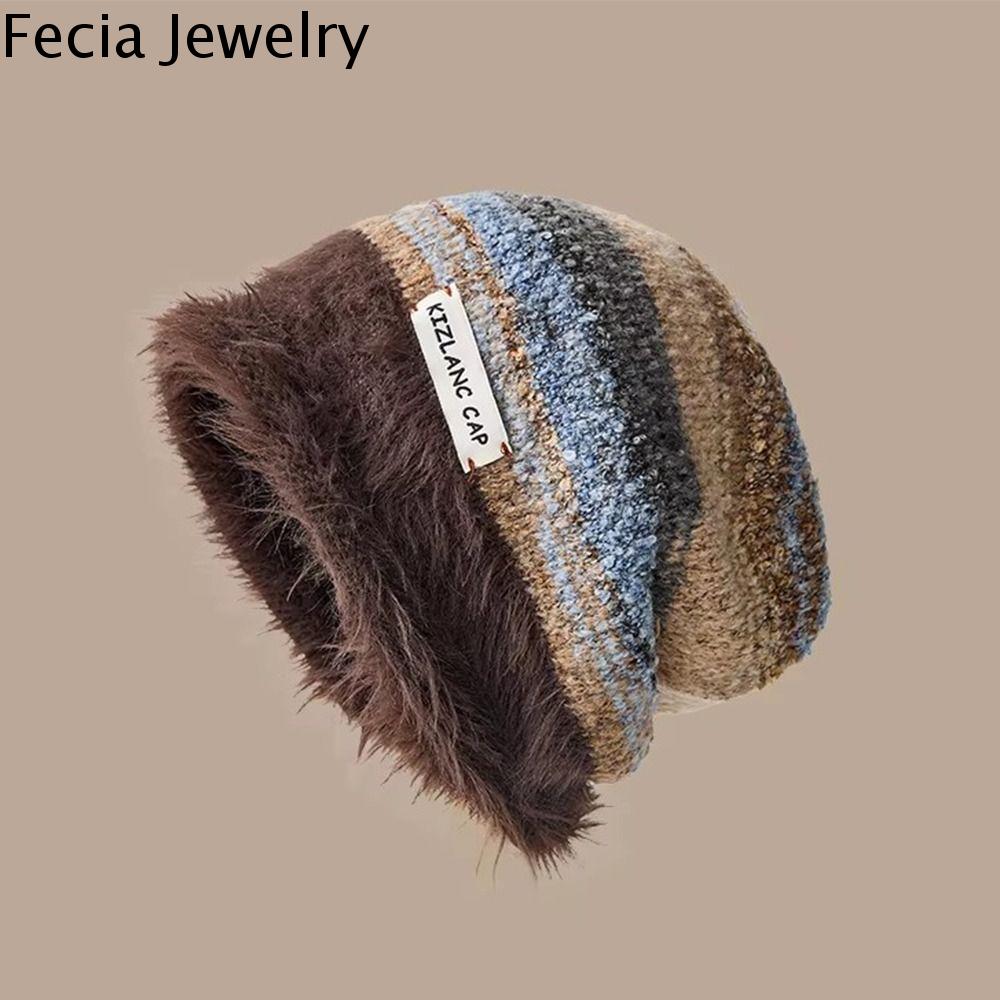 FECIA Thu Đông Mũ Kẻ Sọc Y2K Hàn Quốc Ấm áp Mũ len trơn Cổ điển Thường ngày Mũ Beanie nữ Nữ