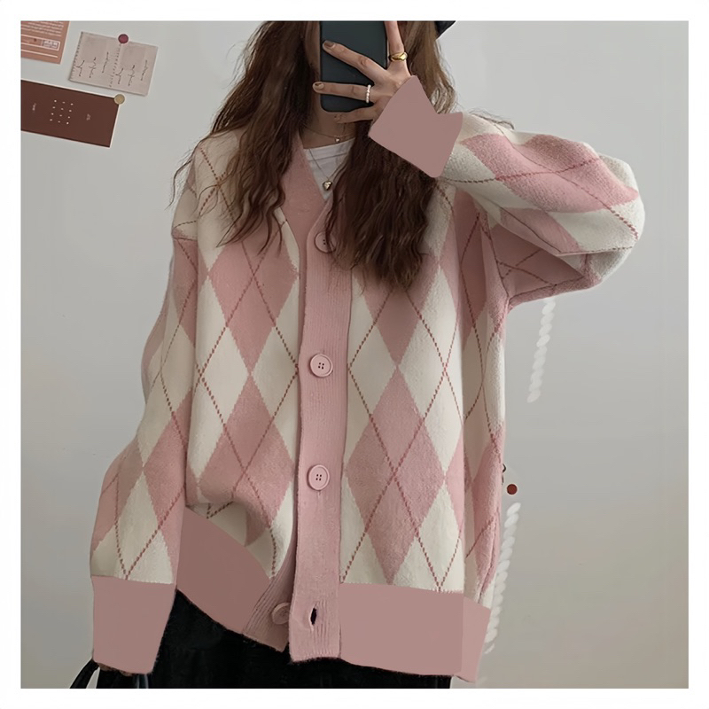 AA18-Áo Cardigan Nỉ Kẻ Ô Trám 2 Màu Hồng Đen, Áo Khoác Nữ Xinh Xắn