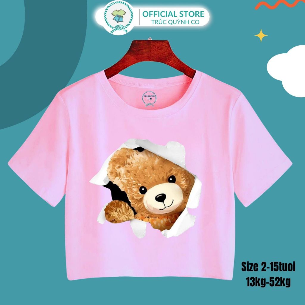 Áo Thun Croptop Bé Gái,Áo In Hình Gấu Mèo Siêu Cute - Trúc Quỳnh Co, Từ (12kg-52kg) - 2