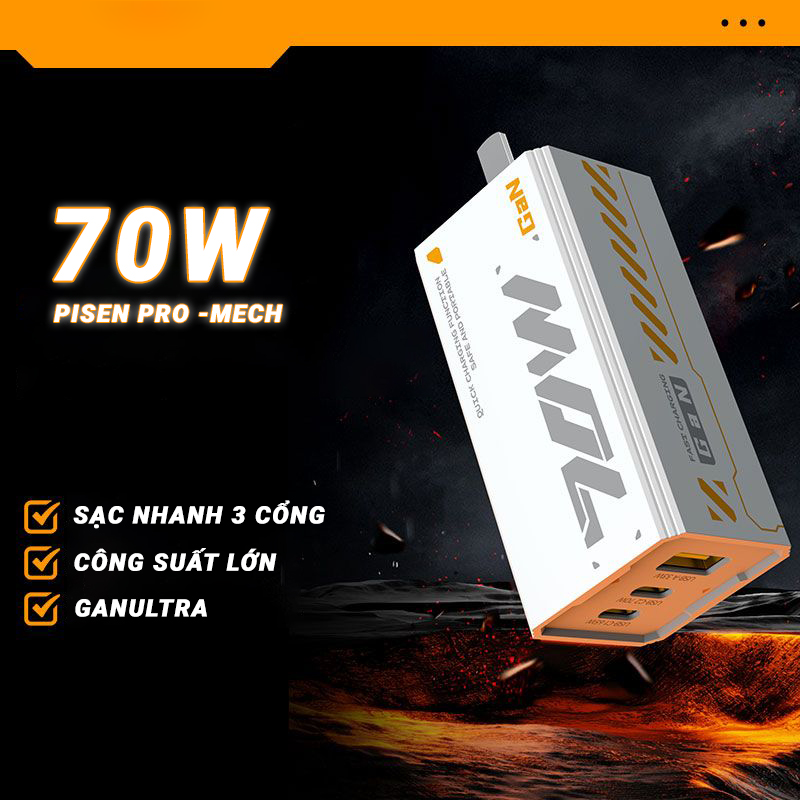 Bộ sạc nhanh 70W Mecha GaNUltra PiSEN PRO , sạc Laptop, iPhone, Android, sạc an toàn bảo vệ máy, chống chai pin - Chính hãng