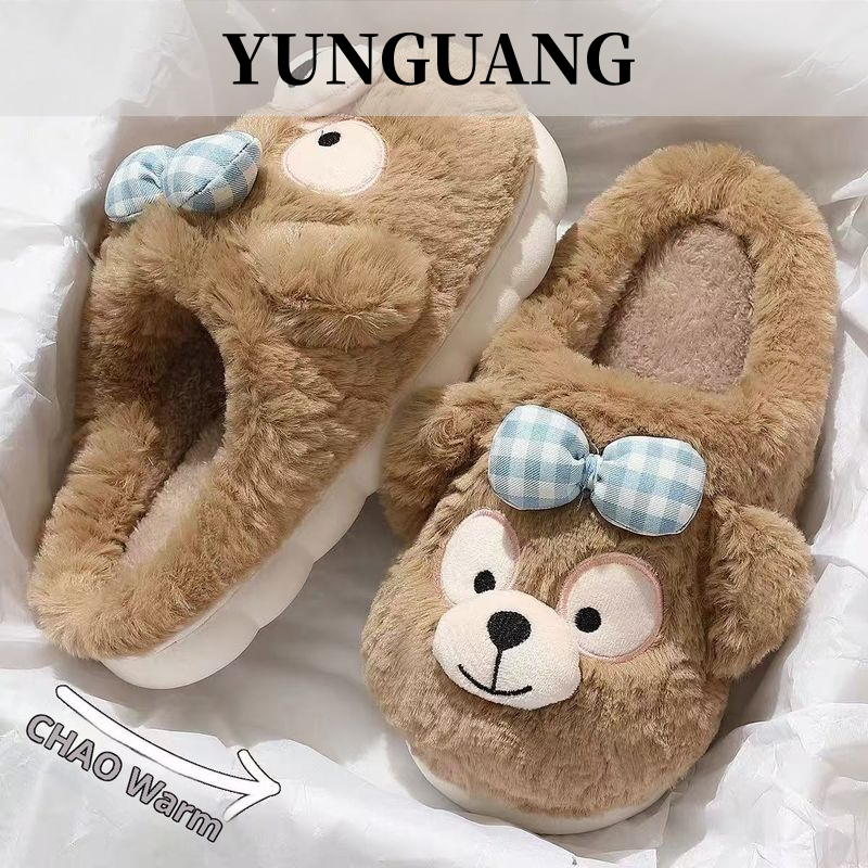 YUNGUANG Giày lười nhung gấu dễ thương cho nữ mùa đông giữ ấm, đế dày chống trượt, thiết kế quai bao kín, đệm lót mềm mại có nơ xinh xắn