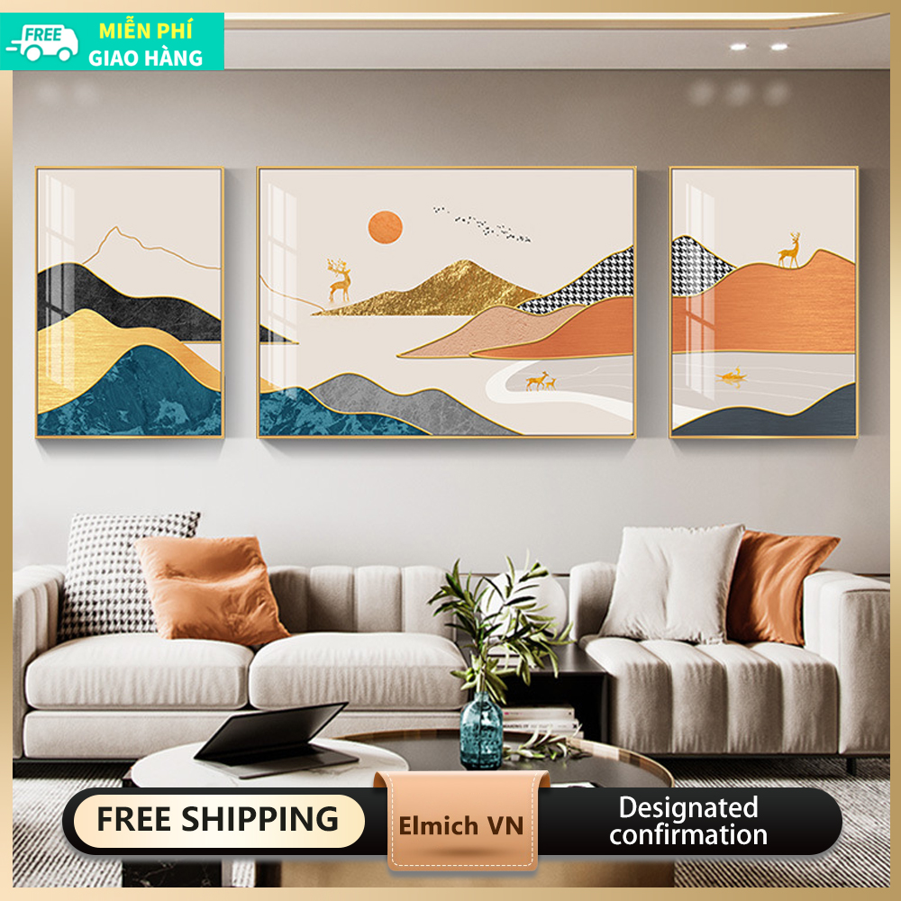 Phòng khách đơn giản hiện đại treo tranh nền sofa bức tranh trang trí tường bức tranh phong cảnh nhỏ tươi mát bộ ba bức tranh sứ pha lê bức tranh kết hợp được hỗ trợ bởi Jinshan ánh sáng sang trọng bức tranh trang trí phòng khách bức tranh phong cảnh
