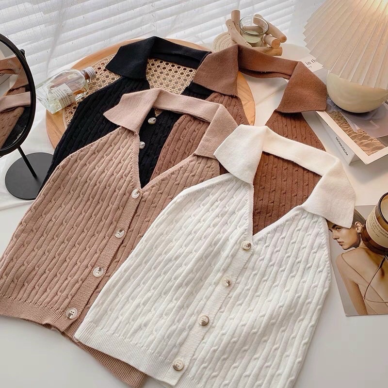 Áo len ba lỗ kiểu yếm cổ đức cài khuy croptop hàng QC