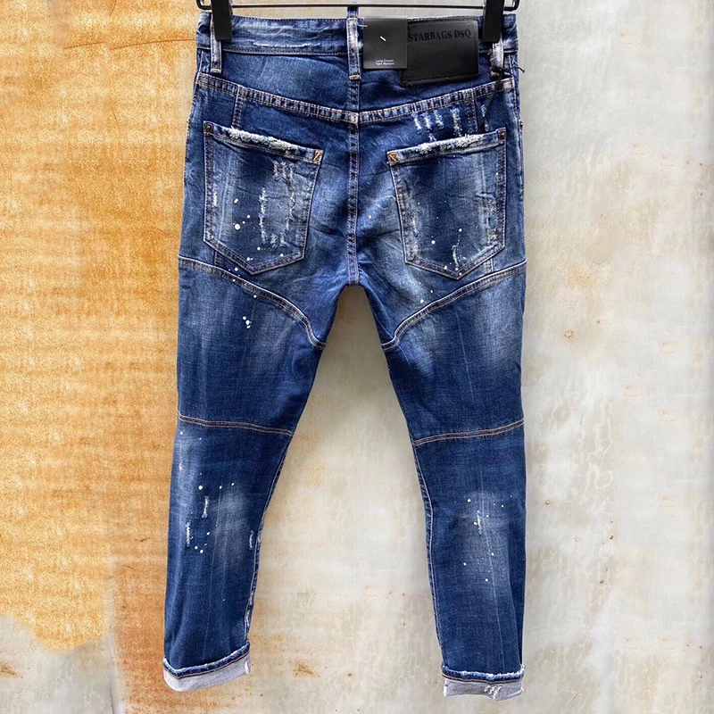 【A Popular】  starbags dsq T121 men`s jeans New wear simple men slim ripped stretch jeans skinny straight Tear Process Italian Design pants