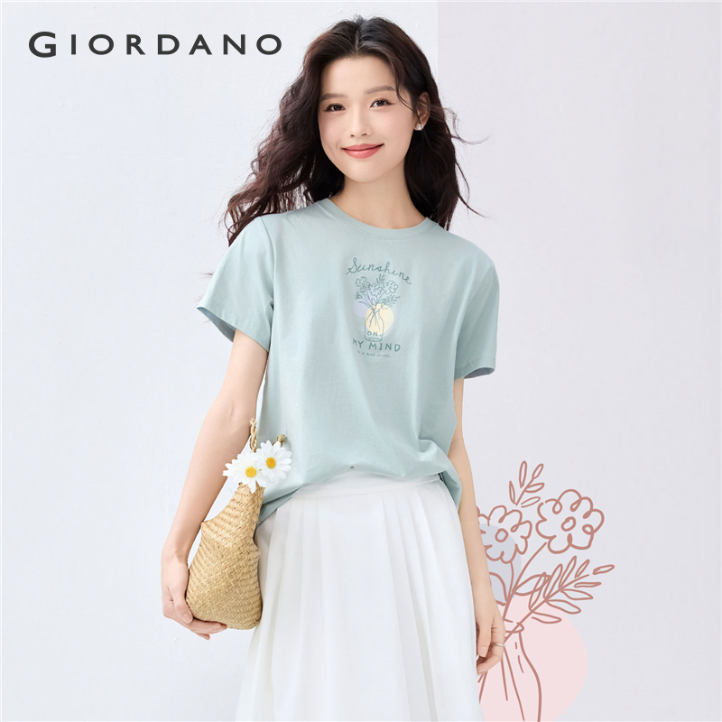 GIORDANO Women T-Shirts 100% Cotton Garden Picnic Print Tee Crewneck Short Sleeve Simple Summer Fashion Casual Tshirts 13395201 ราคา 414 บาท*ส่งฟรี
