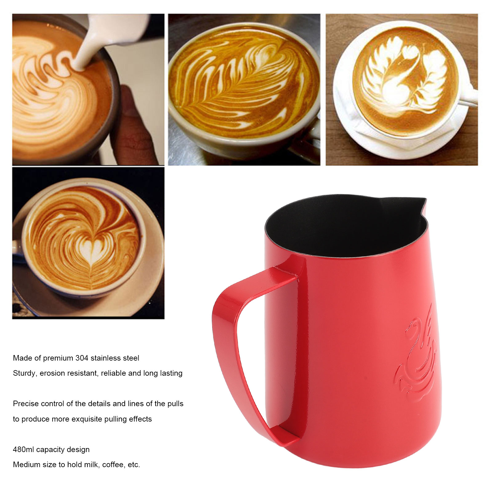 Bình nghệ thuật Latte 304 bình Đánh Bọt Sữa bằng thép không gỉ hình thiên nga cho gia đình (màu đỏ tươi)