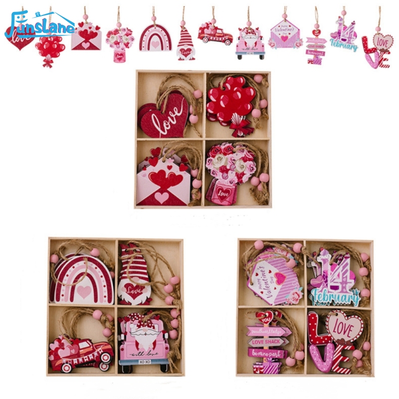 FunsLane Valentine's Day Wooden Hanging Ornaments, 12 Pcs Valentines Decorations, Mini Valentines Ornaments Wood Slices With Ropes Cute Pendant For Tree Party Home ราคา 110 บาท*ส่งฟรี
