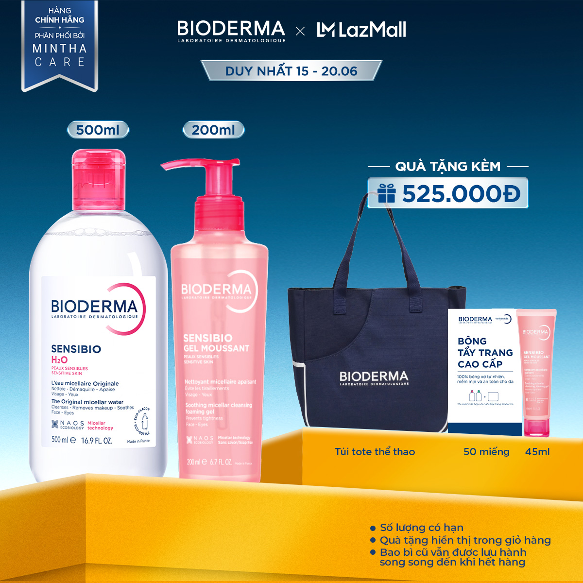 Bộ nước tẩy trang và làm sạch Micellar cho da nhạy cảm Bioderma Sensibo H2O 500ml và gel rửa mặt tạo bọt 200ml