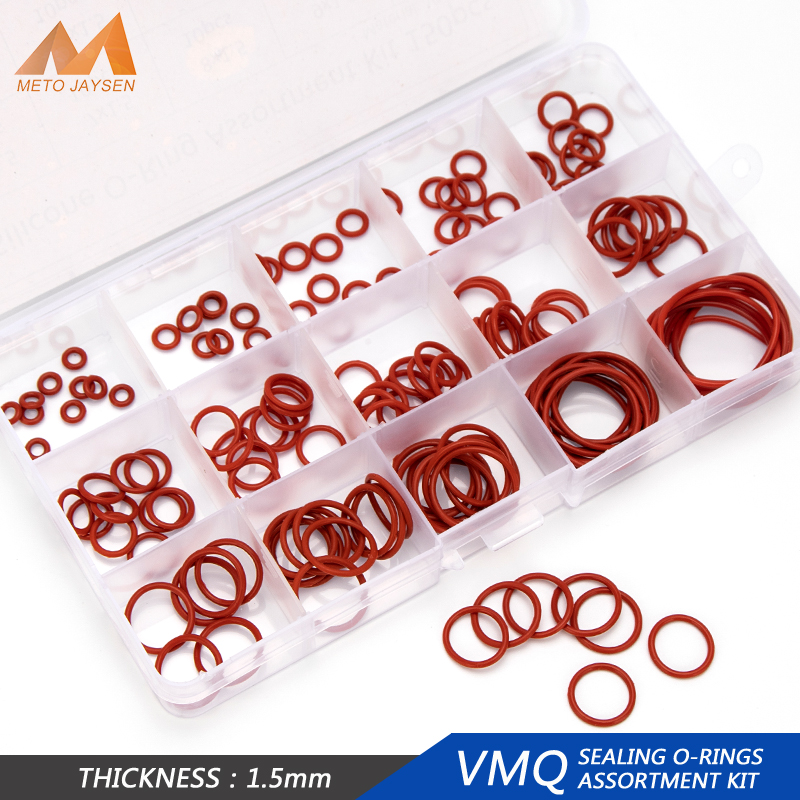 150 cái/hộp độ dày 1.5mm đường kính 6mm-30mm mm máy giặt Ốc vít màu Đỏ vmq niêm phong bịt kín bằng silicon O-Bộ Vòng ORING hg013