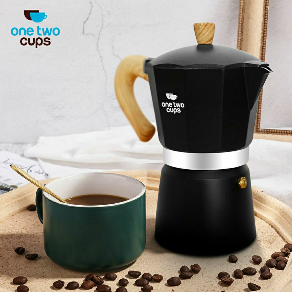 OTC Moka Pot Espresso Coffee Maker Stovetop 300 Ml 6 Taz HITAM GAGANG KAYU