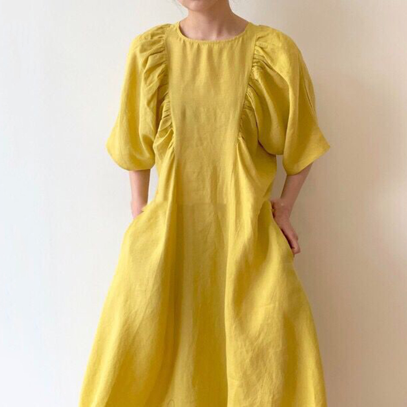 Hàn Quốc Ins Phong Cách Retro Phong Cách Cung Đình Kiểu Gấp Aó Hai Mặt Thiết Kế Dáng Suông Rộng Lớn Loại Tay Áo 7 Phân Đầm Váy Dài Nữ