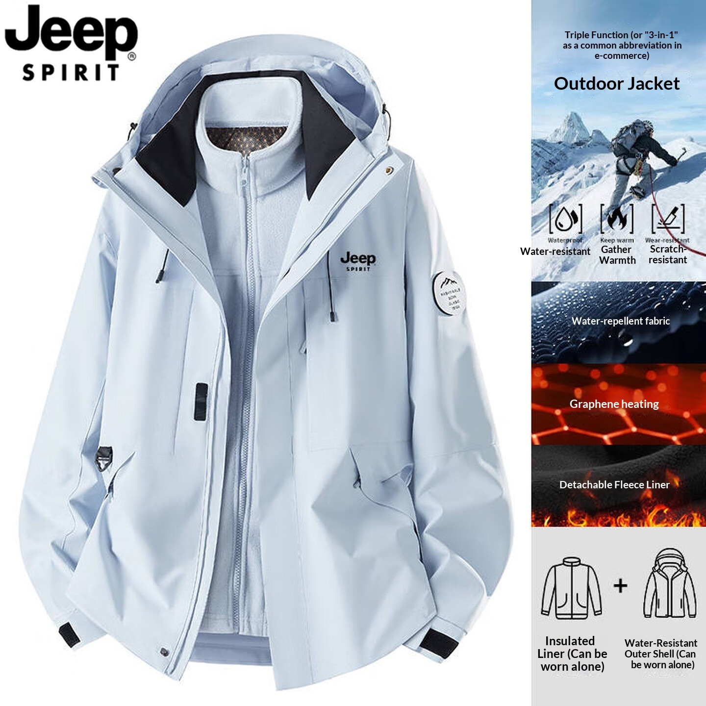 Jeep Spirit Mens 3IN1 Jacket Womens Windproof and Warm for Autumn and Winter Detachable Jacket for Couples Hiking Suit for Men