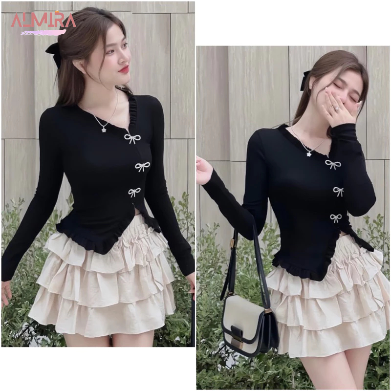 Sét váy dài tay gắn ghim nơ + chân váy ngắn xoè 3 tầng
