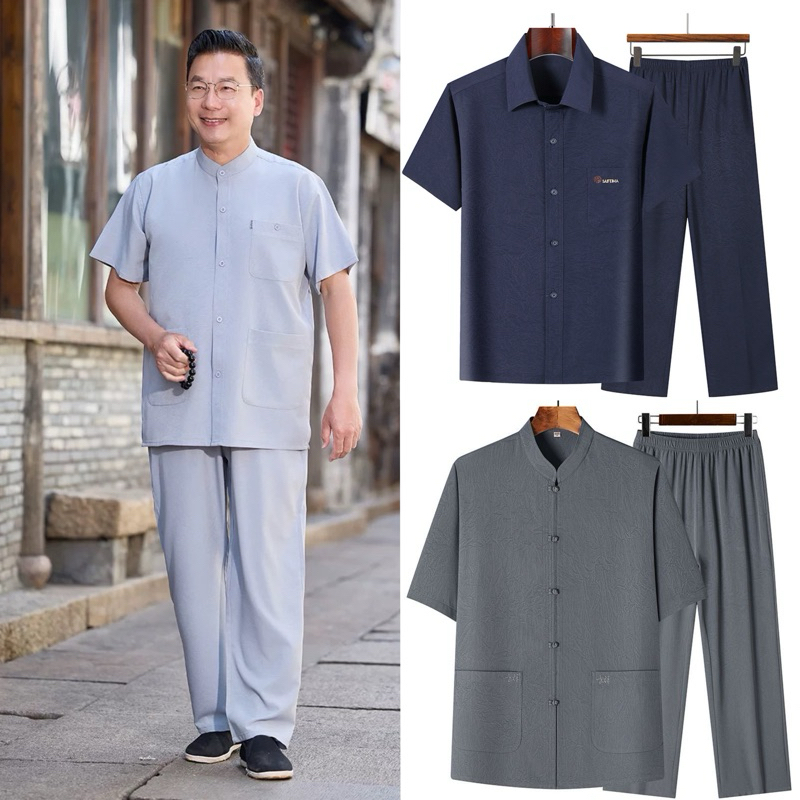 Bộ đô tay ngắn phong cách Trung Hoa chất liệu đũi lụa mềm nhẹ thoáng mát phong cách sang trọng món quà ý nghĩa tặng ba